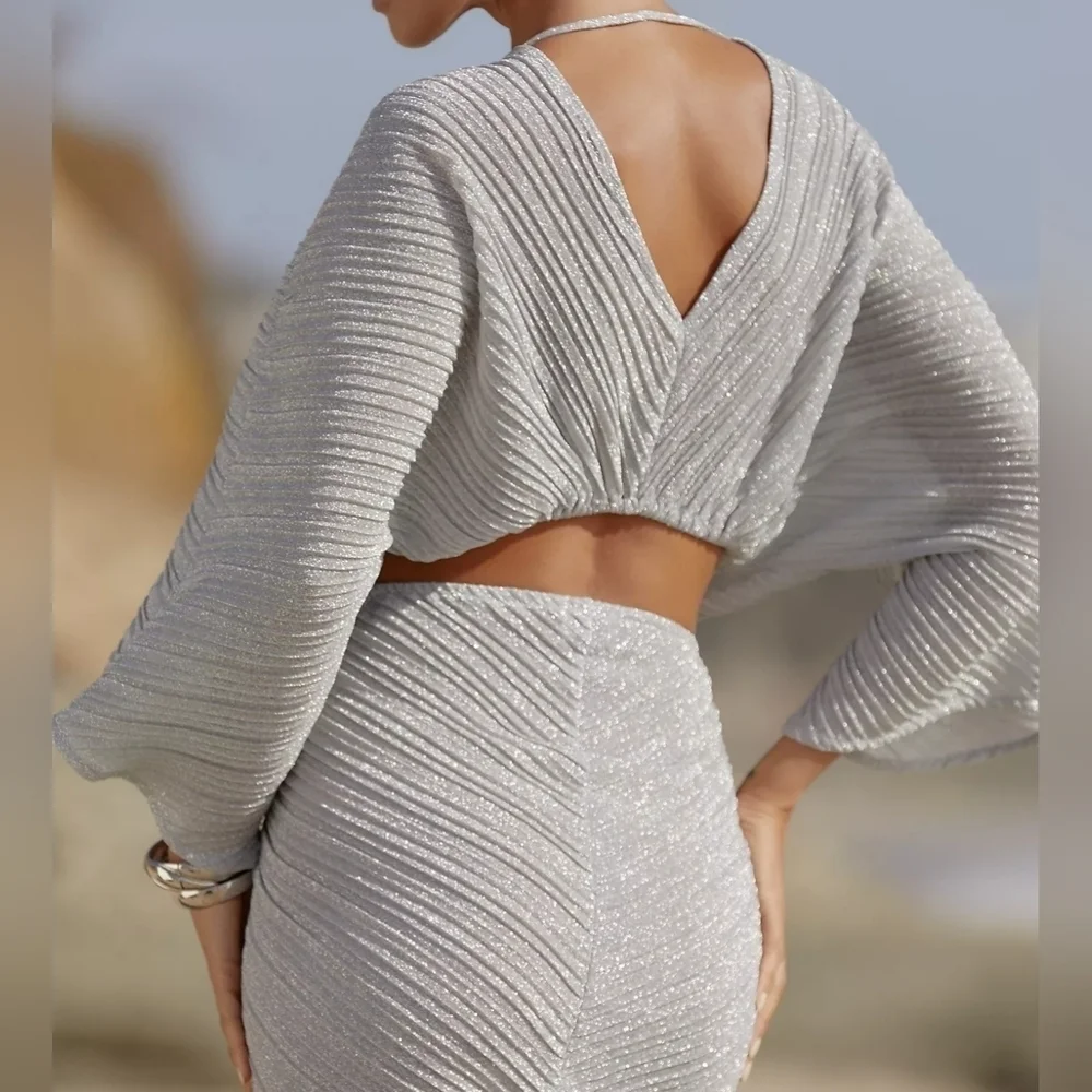 SUBOO Stevie Pleated Cross-Over Maxi Dress w Mini Shorts, Shimmer Gray, Medium